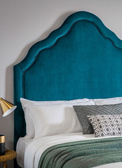 Royal blue Kew made to order velvet headboard in bedroom interior Perch & Parrow